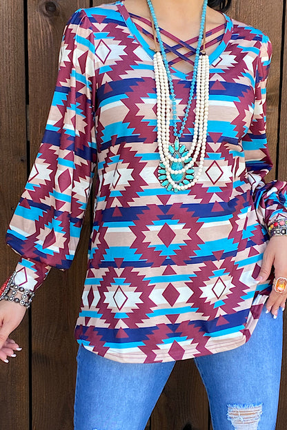 Western aztec bubble sleeve w/criss cross neckline women's boutique top BQ11481