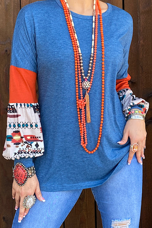 XCH10238 Blue blouse worange & Aztec bubble sleeves