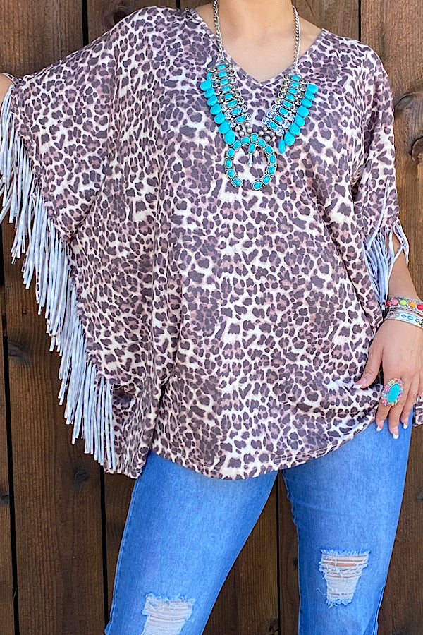 XCH13830 LEOPARD PONCHO WITH FRINGE SIDES
