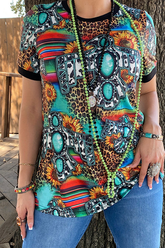 BQ12453 Thunderbird serape & animal print short sleeve top