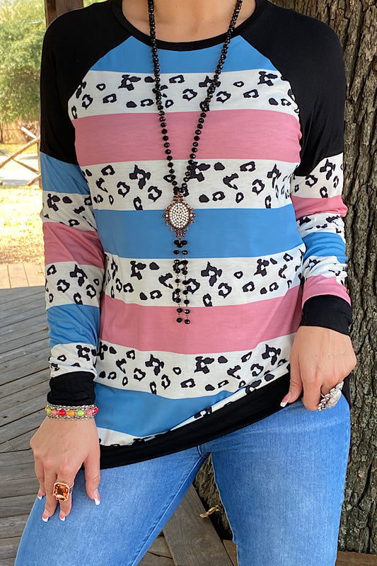 BQ9828 Multi color block long sleeve top w/leopard print