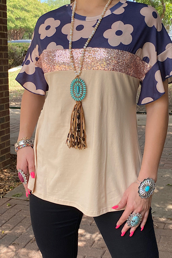 Floral & sequin & tan color block ruffle short sleeve women top XCH13894