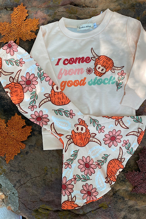 Western "I come from good stock" cream girls boutique set XCH0015-9H