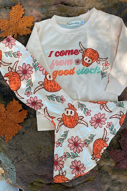 Western "I come from good stock" cream girls boutique set XCH0015-9H
