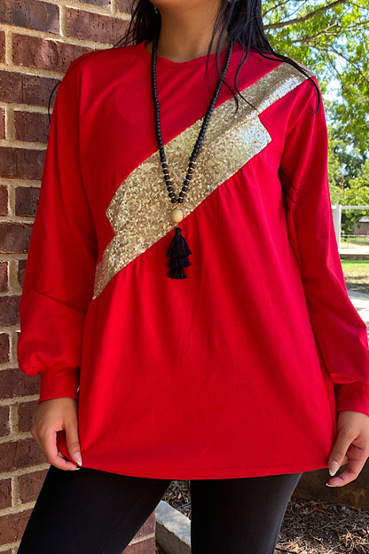 BQ11979 Red long sleeve blouse w/gold sequin