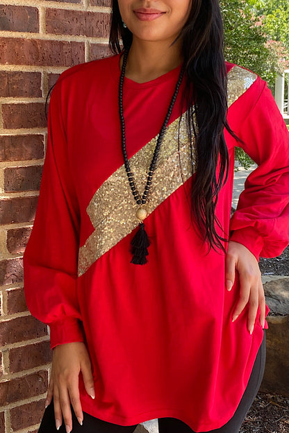 BQ11979 Red long sleeve blouse w/gold sequin