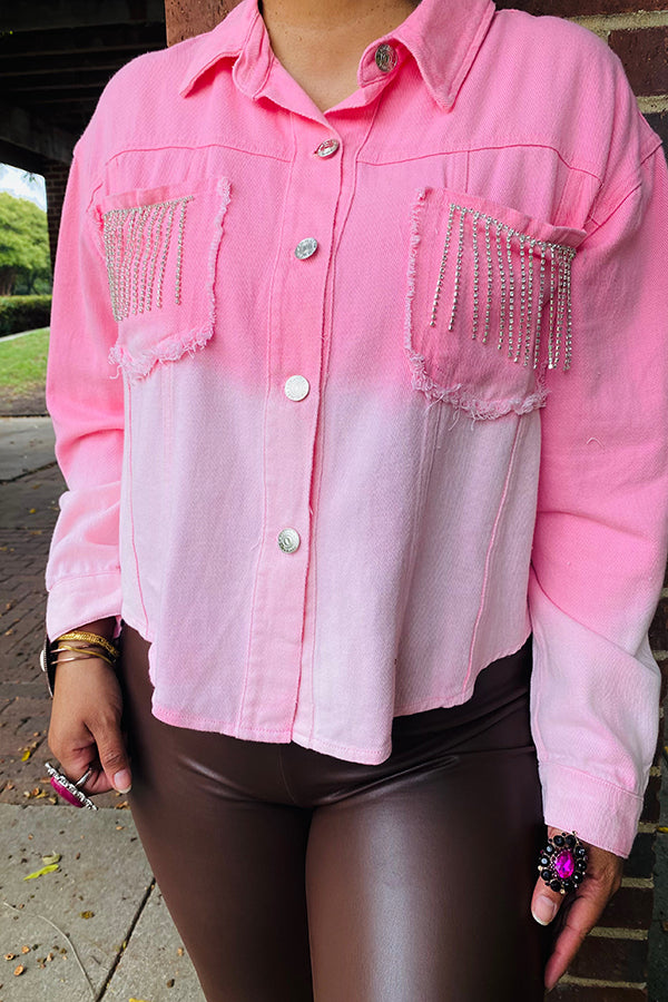Mom and me Rhinestone fringe pink denim women top DLH13627