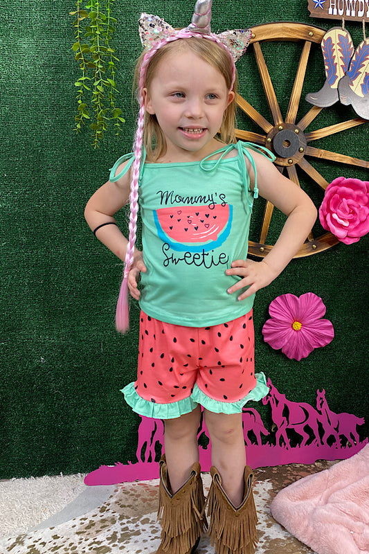 XCH0666-16 MOMMYS SWEETIE watermelon girl printed 2pcs set