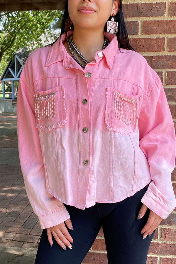 Mom and me Rhinestone fringe pink denim women top DLH13627
