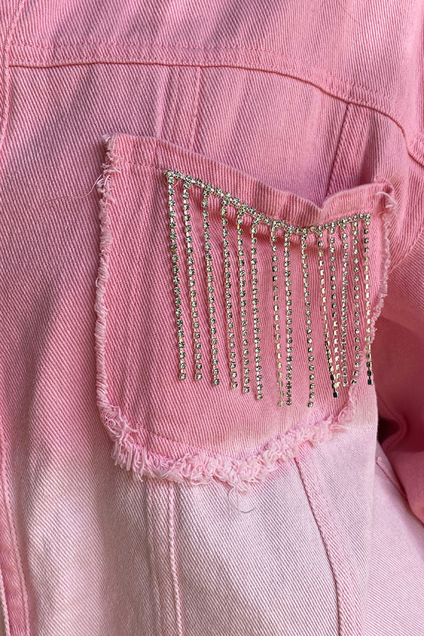 Mom and me Rhinestone fringe pink denim women top DLH13627