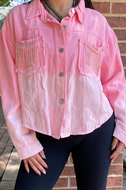 Mom and me Rhinestone fringe pink denim women top DLH13627