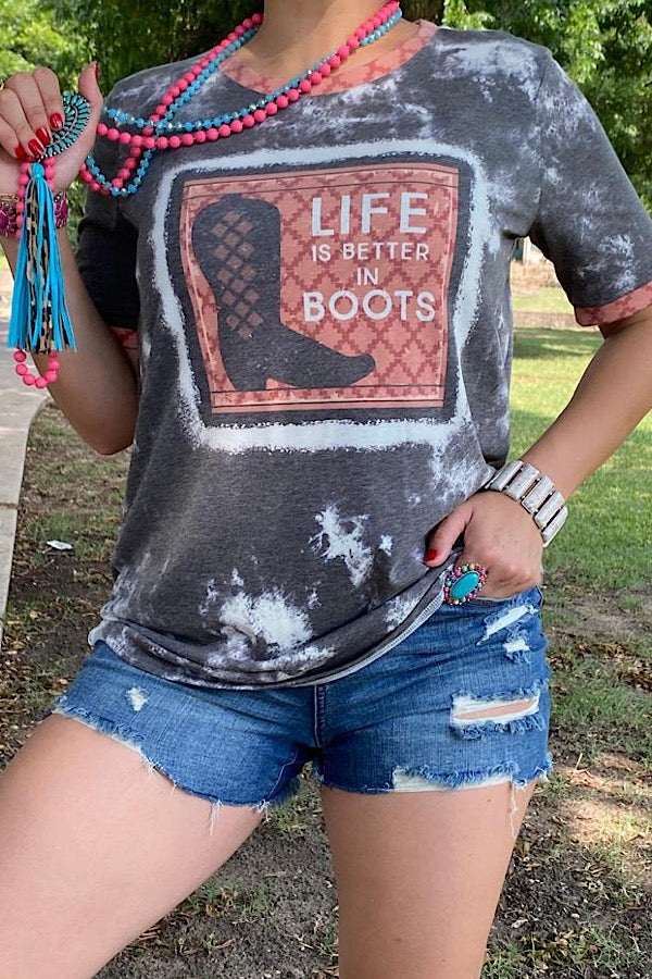 DLH12283 LIFE IS BETTER IN BOOTS Grey graphic t-shirt