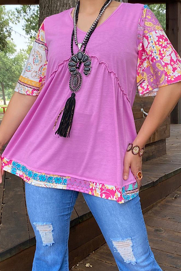 YMY13360 Pink patchwork baby doll blouse