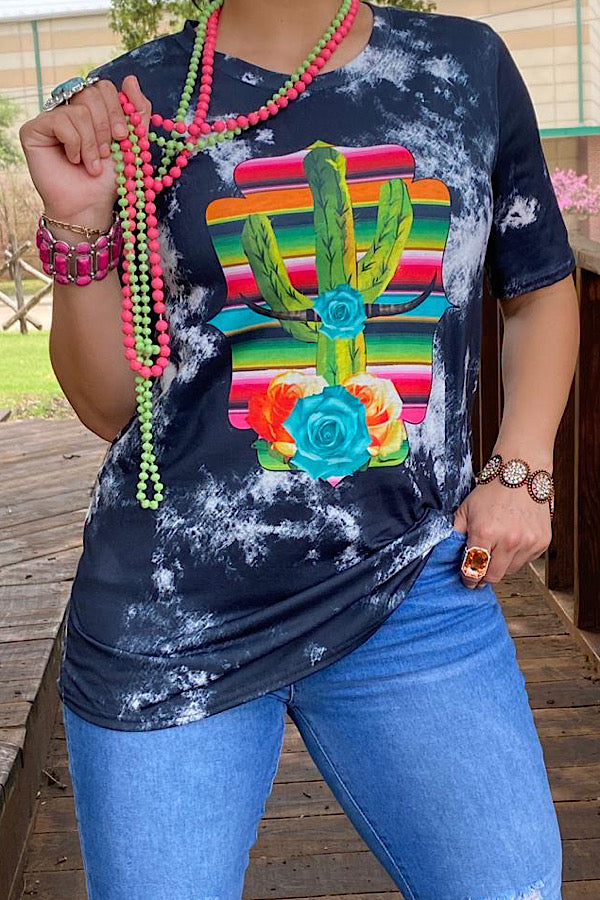 Black cactus & serape printed t-shirt