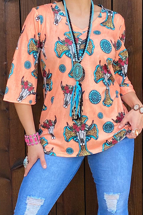 GJQ12560 Orange bull skull & cross printed 3/4 sleeve blouse