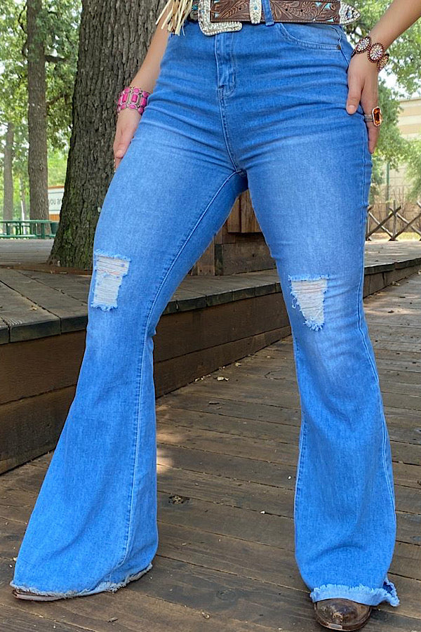 Blue distressed bell bottoms ripped women's jeans J517