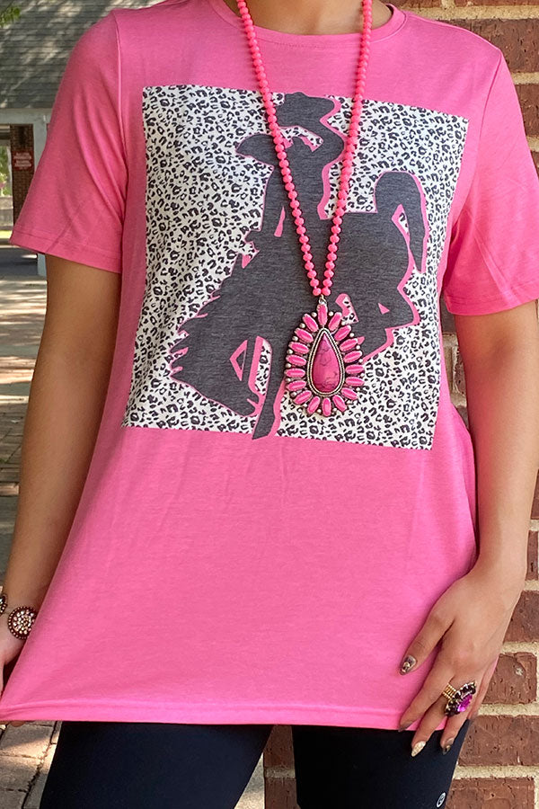 Western PINK TOP W/ BRONC RIDER GRAPHIC Women T-shirt XCH14127