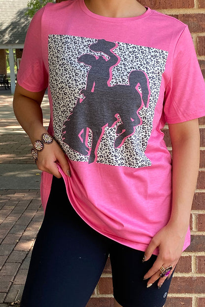 Western PINK TOP W/ BRONC RIDER GRAPHIC Women T-shirt XCH14127