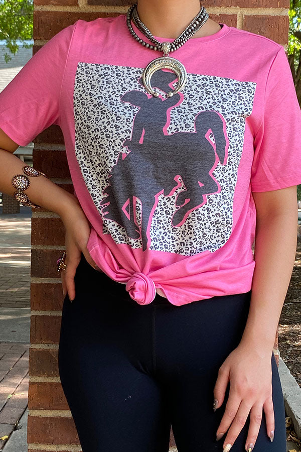 Western PINK TOP W/ BRONC RIDER GRAPHIC Women T-shirt XCH14127