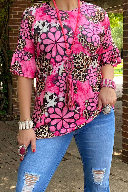 GJQ13292 Leopard pink concho printed blouse w/ruffle sleeves