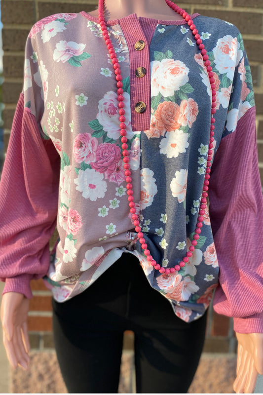 GJQ13711 HALF FLORAL,BUTTON FRONT, PINK LONG SLEEVE TOP