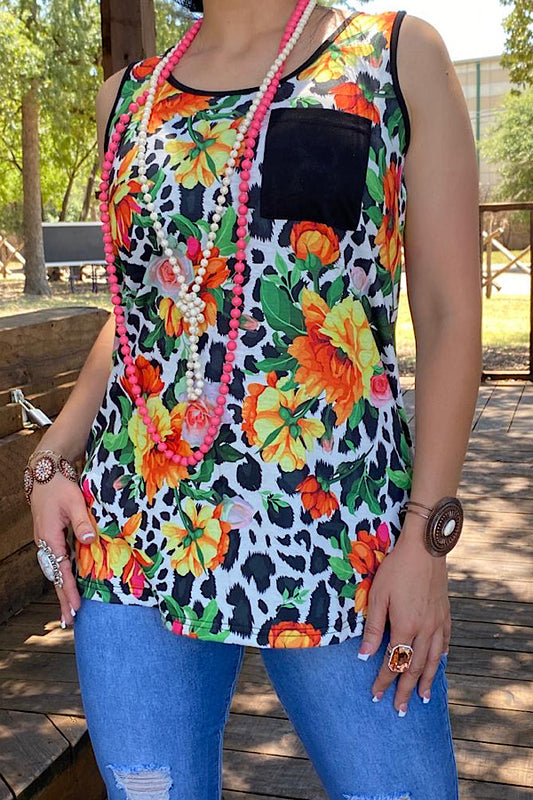 XCH10420 Floral/leopard printed tank top w/black front pocket