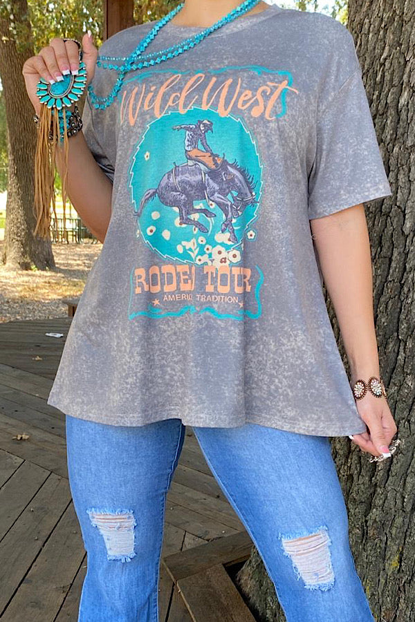 XCH13654 Grey WILD WEST RODEO TOUR printed short sleeve top