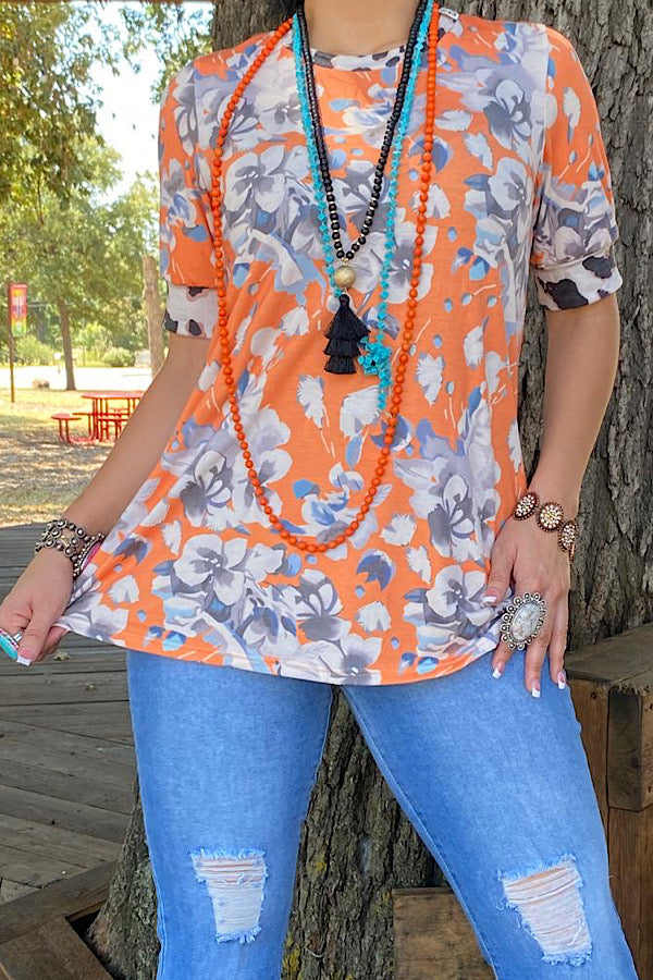 YMY12617 Orange leopard & floral printed short sleeve top