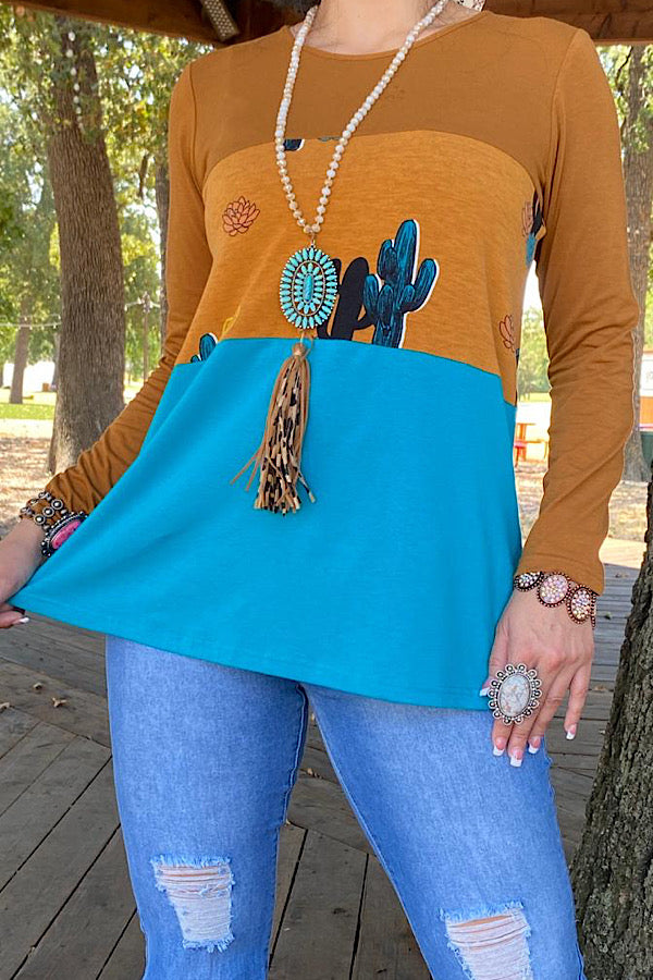 GJQ13400 Turquoise & brown color block cactus printed long sleeve top