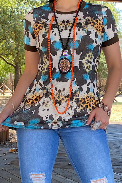 Western animal & turquoise concho short sleeve women's boutique top YMY11685