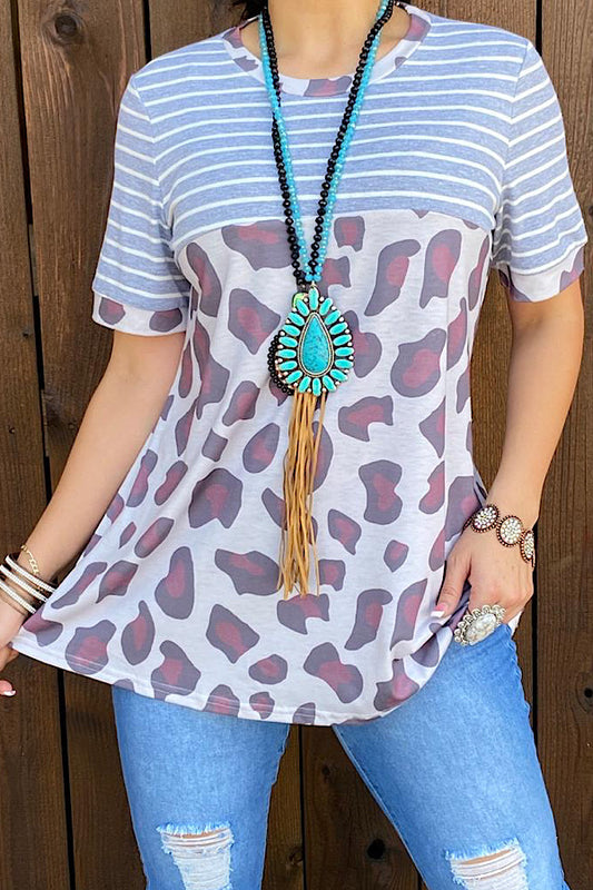 BQ11649 Grey striped & purple leopard printed short sleeve top