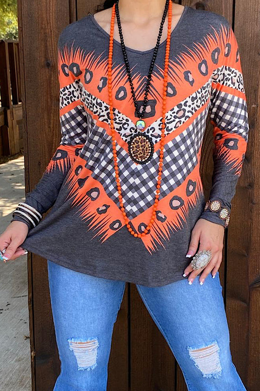 XCH11700 Grey & orange Aztec printed long sleeve top