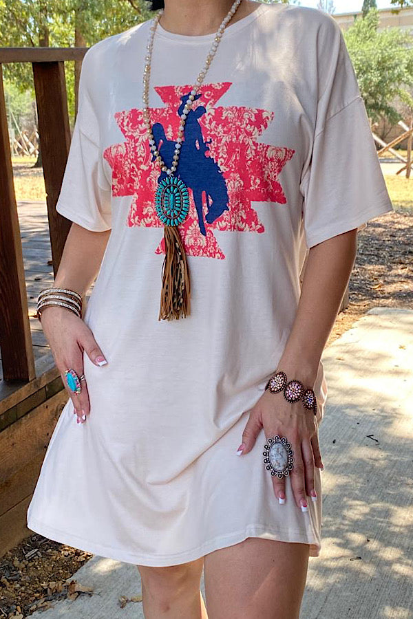 Cowboy riding a horse beige printed dress XCH13464