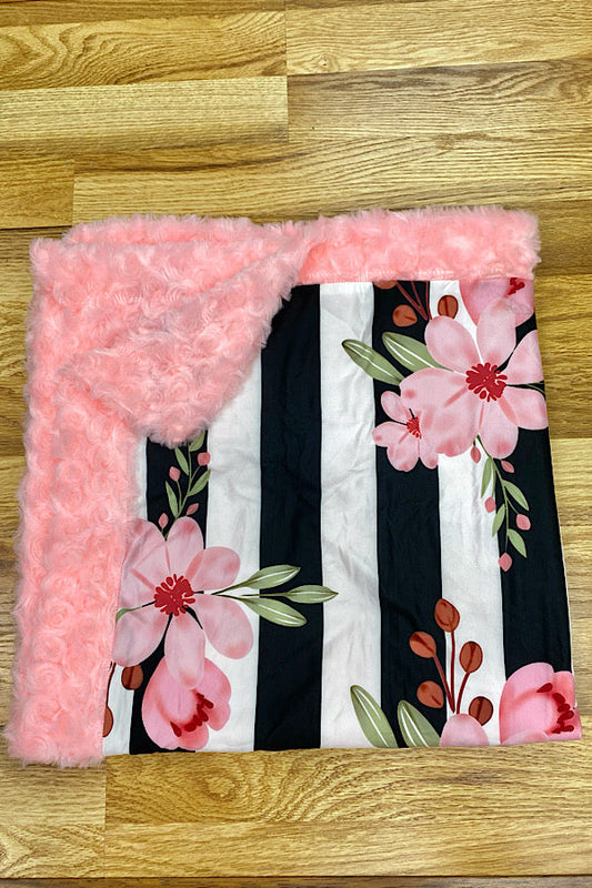 Black/white stripes & floral print minky baby blanket DLH2581