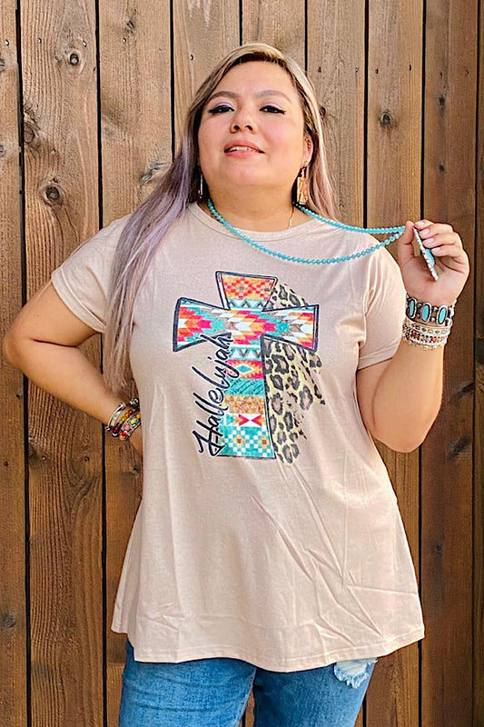 XCH13643S Hallelujah Aztec printed cross & leopard short sleeve top