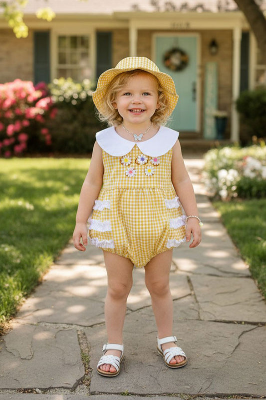Mustard checker print w/embroidered flowers baby romper & hat DLH2351