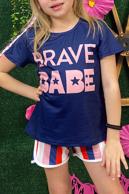 Shop kids clothes Navy blue "BRAVE BABE" & stripes 2pc girls sets XCH0666-7H