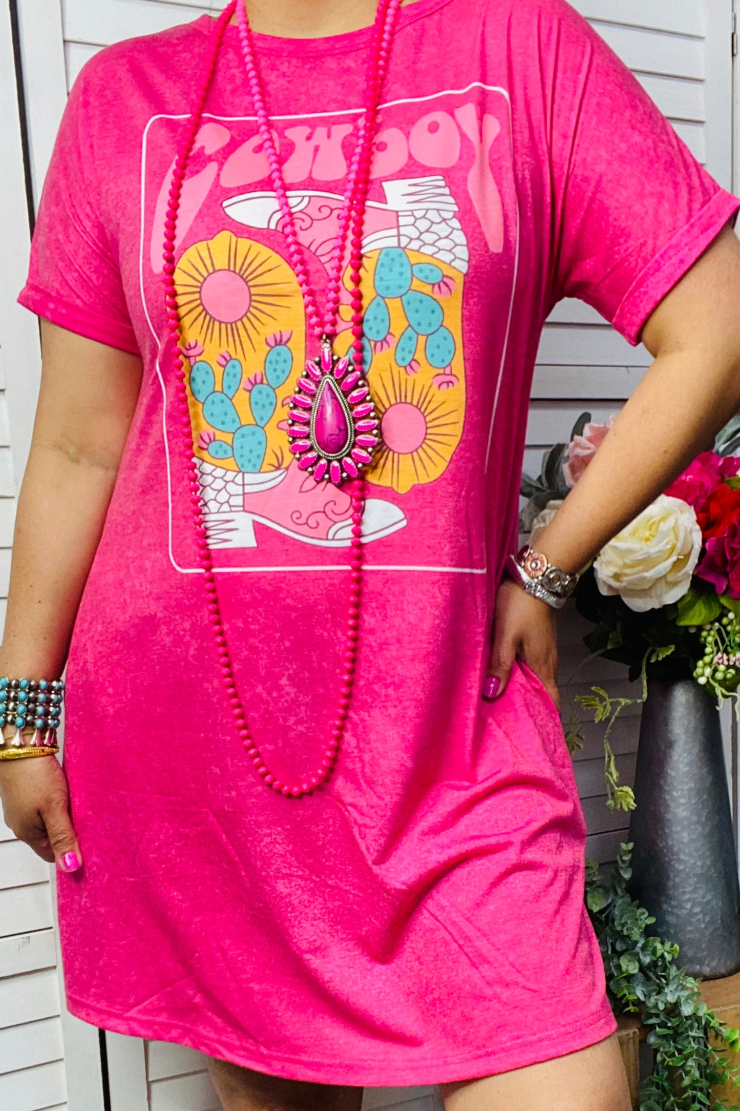 XCH13892 Pink Dress with Cowboy Boots w/side pockets short sleeve