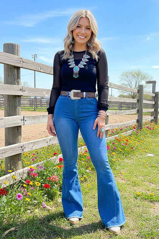 J515 Elastic waist band Denim bell bottom jeans