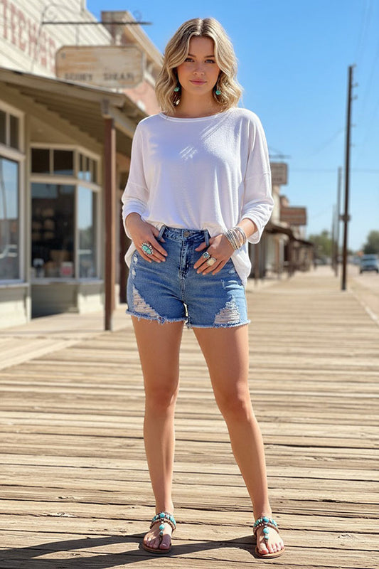 J533 Blue distressed denim women shorts