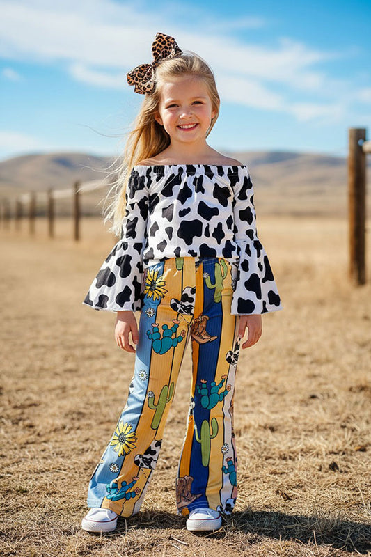 Western cow top w/stripped sunflowers, boots cactus pant girls boutique set LC0020