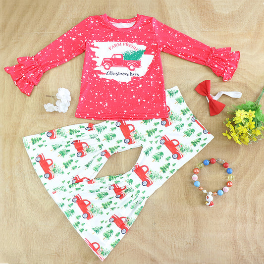Truck & Christmas tree printed girl outfit DLH0923-17