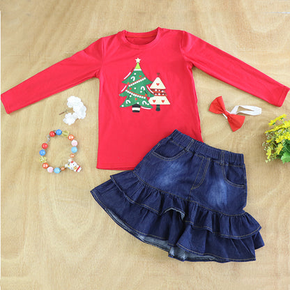 Christmas tree t-shirt w/denim skirt set DLH0824-9