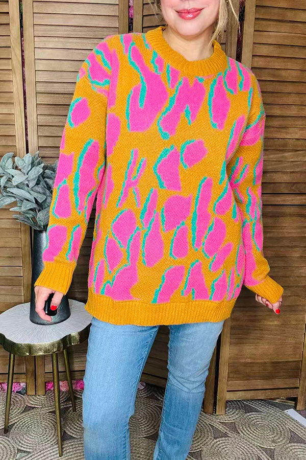 Pink/yellow/turquoise leopard print long sleeve women sweater MY13394