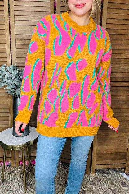 Pink/yellow/turquoise leopard print long sleeve women sweater MY13394