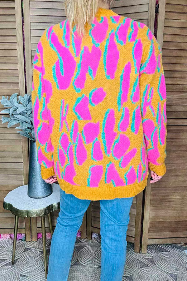 Pink/yellow/turquoise leopard print long sleeve women sweater MY13394