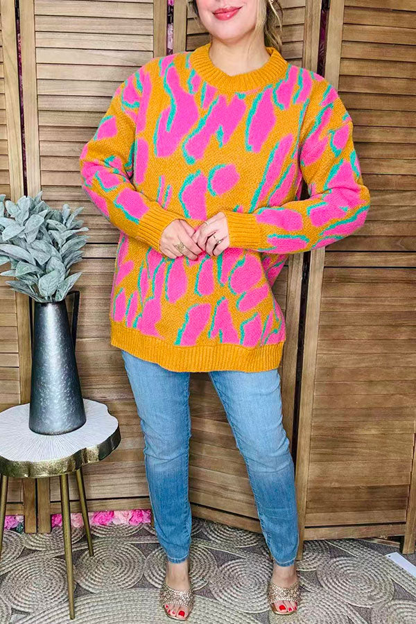 Pink/yellow/turquoise leopard print long sleeve women sweater MY13394