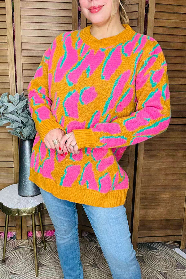Pink/yellow/turquoise leopard print long sleeve women sweater MY13394
