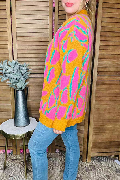 Pink/yellow/turquoise leopard print long sleeve women sweater MY13394