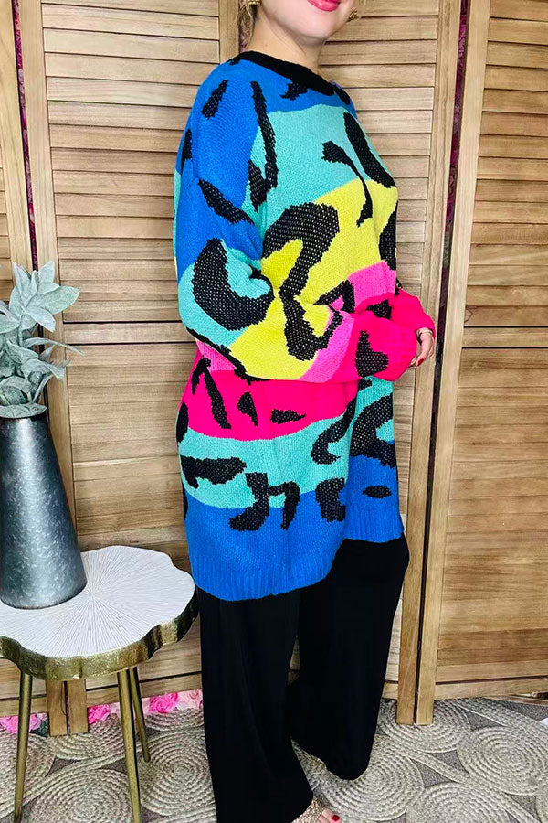 Multi color leopard knitted long sleeve women sweater/tunic MY13437